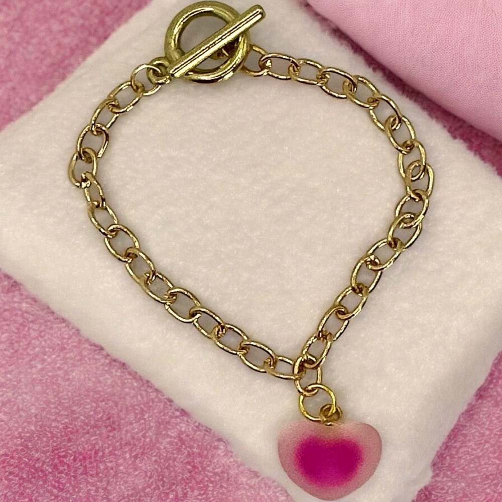 Gold Tone Frosted Pink Heart Toggle Bracelet Valentine - Picture 2 of 2